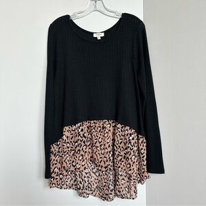 Umgee Tunic Waffle Knit Layered Look Black Brown Cheetah Leopard Long Sleeve